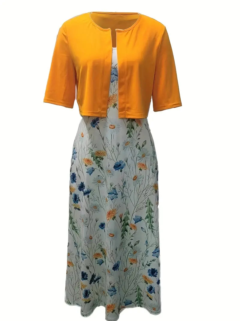 Wildflower Print Slip Midi Dress Cropped Bolero Two Piece Set