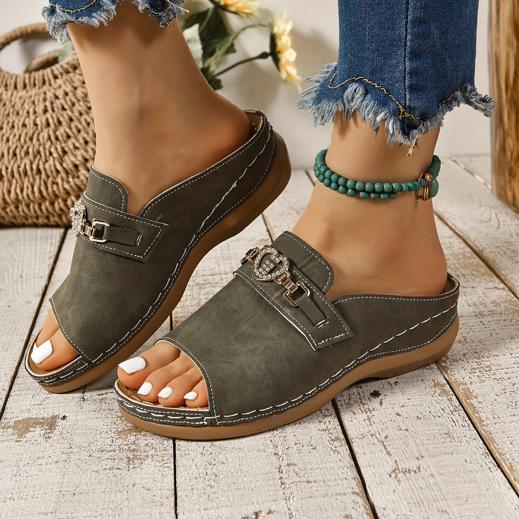 Rhinestone Heart Buckle Suede Open Toe Flat Slide Sandal