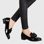 Patent Leather Contrast Bow Detail Pointed Toe Slip On Loafer