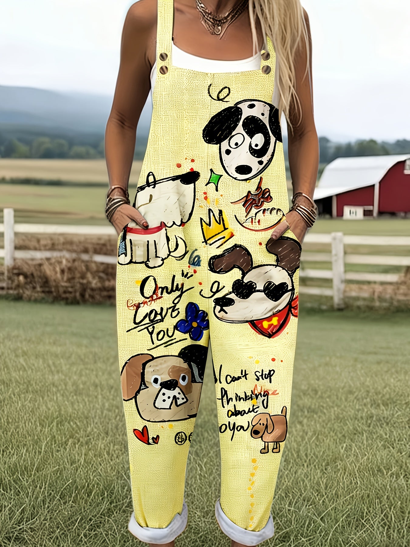 Cartoon Dog Graphic Print Adjustable Strap Pocket Casual Jumpsuit