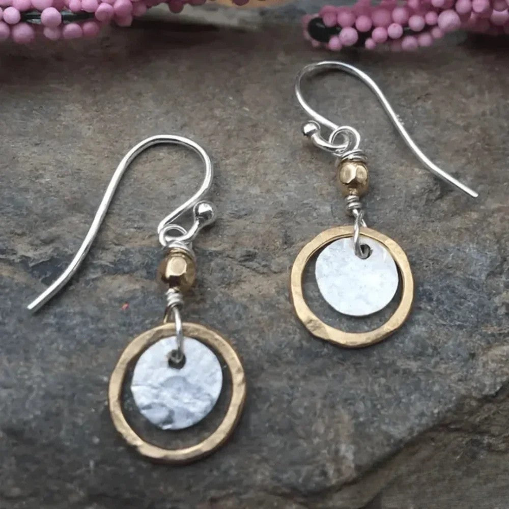 Hammered Mixed Metal Disc and Ring Drop Earring