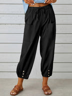 Button Cuff Patch Pocket Drawstring Capri Linen Pant