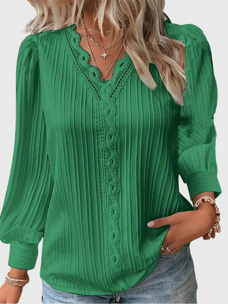 Lace Trim V Neck Textured Puff Sleeve Pullover Blouse