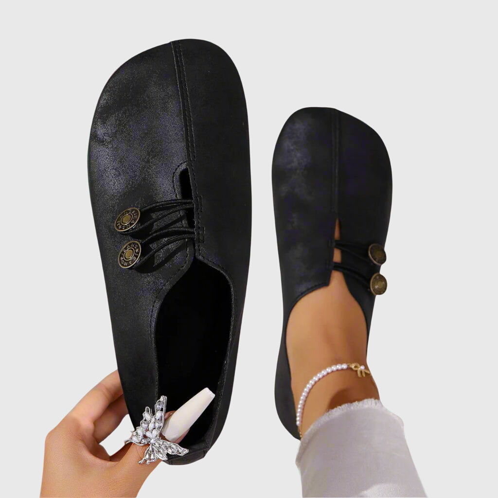 Vintage Burnished Leather Bronze Button Elastic Strap Round Toe Flat