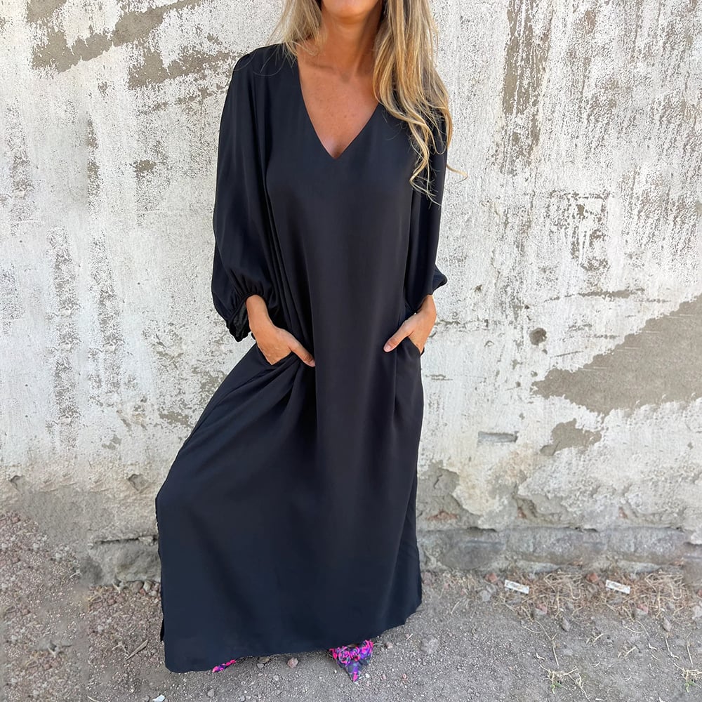 Balloon Sleeve V Neck Pocket Flowy Casual Maxi Dress