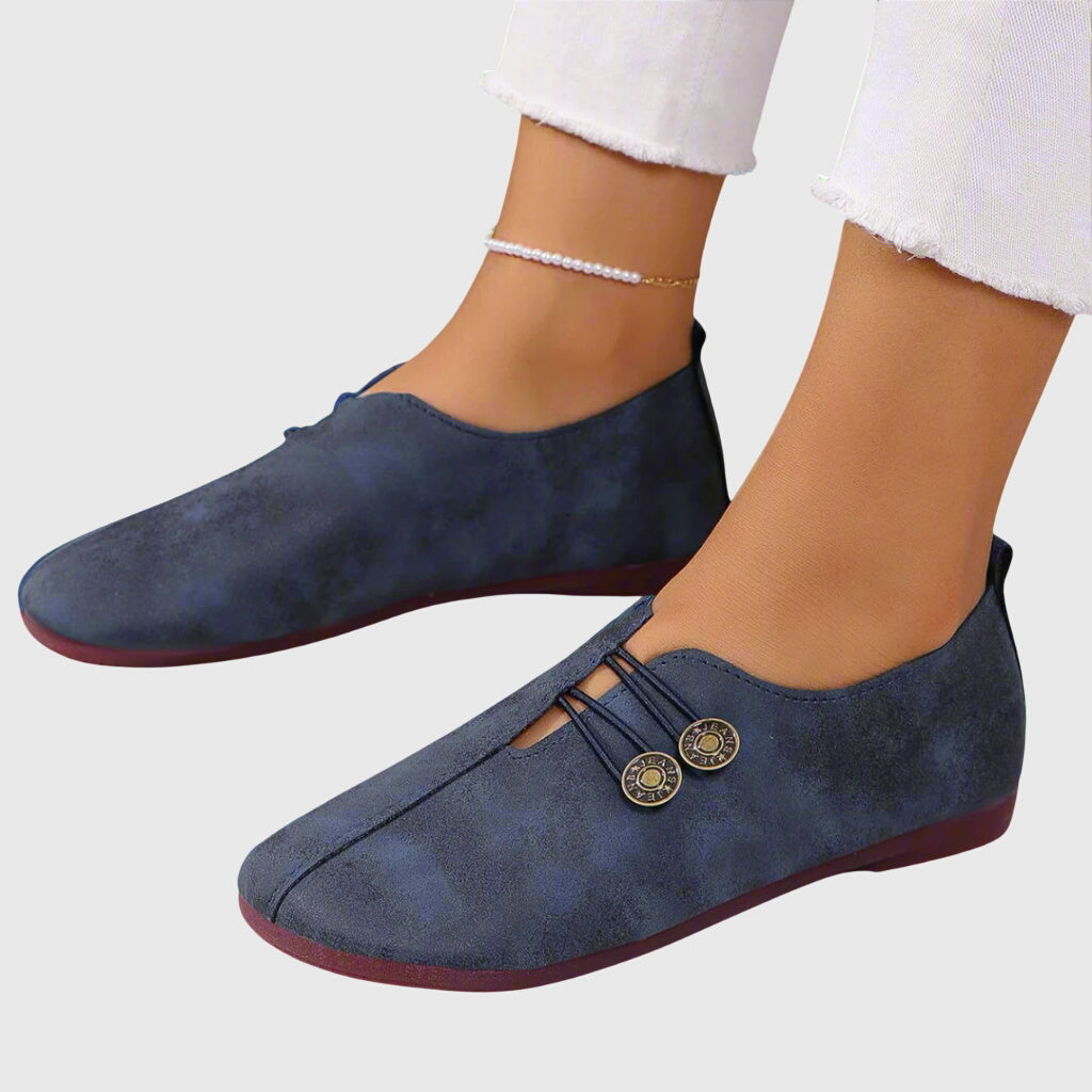 Vintage Burnished Leather Bronze Button Elastic Strap Round Toe Flat