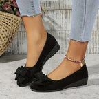 Suede Bow Detail Round Toe Slip On Wedge Ballet Flats