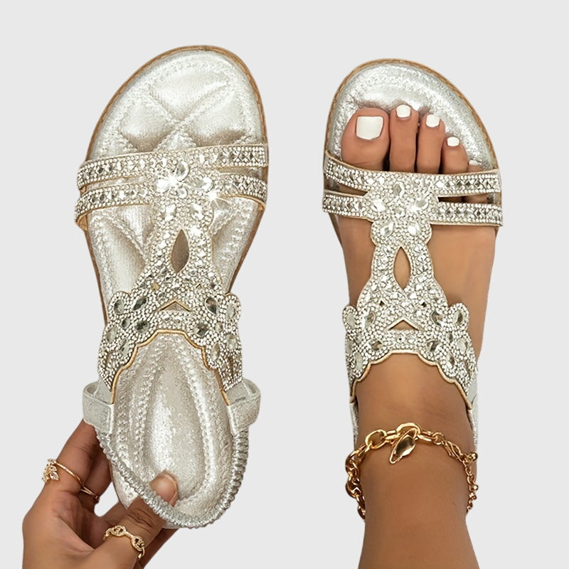 Rhinestone Embellished Cut Out Velcro Flat Sandal