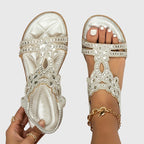 Rhinestone Embellished Cut Out Velcro Flat Sandal