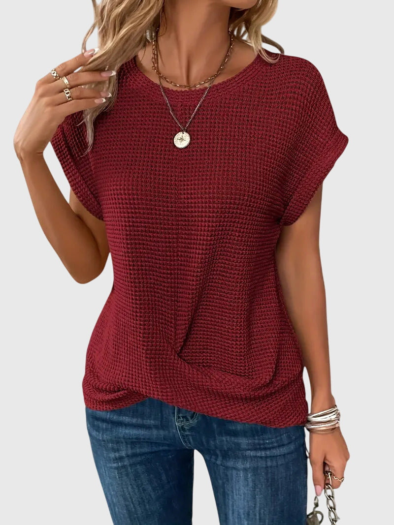 Waffle Knit Crew Neck Rolled Cuff Cap Sleeve Relaxed Top