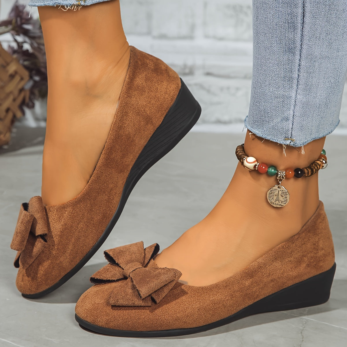 Suede Bow Detail Round Toe Slip On Wedge Ballet Flats