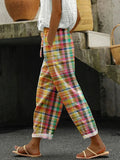 Multicolor Plaid Drawstring Elasticated Waist Casual Linen Pant