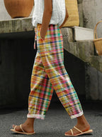 Multicolor Plaid Drawstring Elasticated Waist Casual Linen Pant