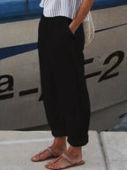 Elasticated High Waist Roll Hem Relaxed Linen Pant