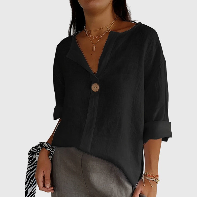 Single Button V Neck Roll Tab Sleeve Relaxed Linen Blouse