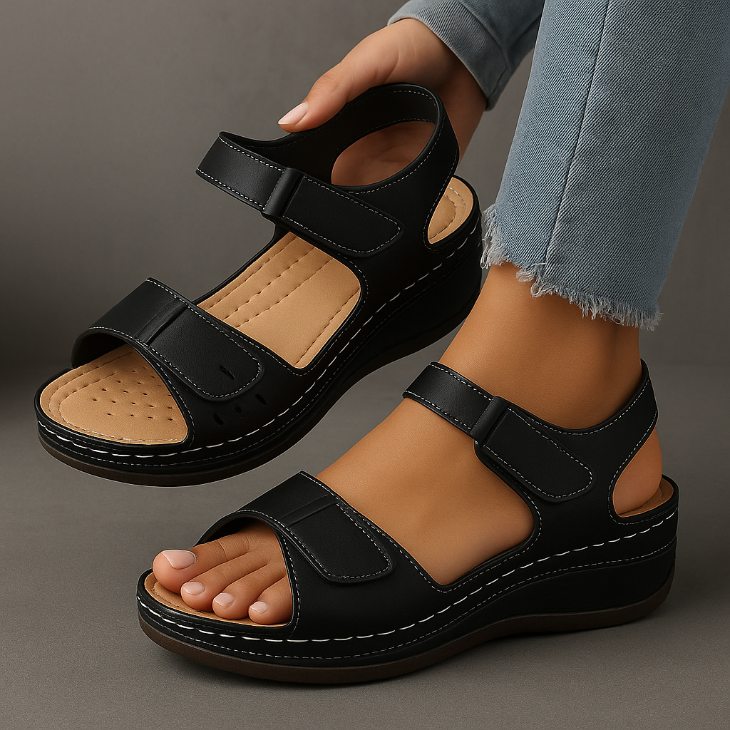 Adjustable Hook Loop Strap Cushioned Casual Wedge Sandals