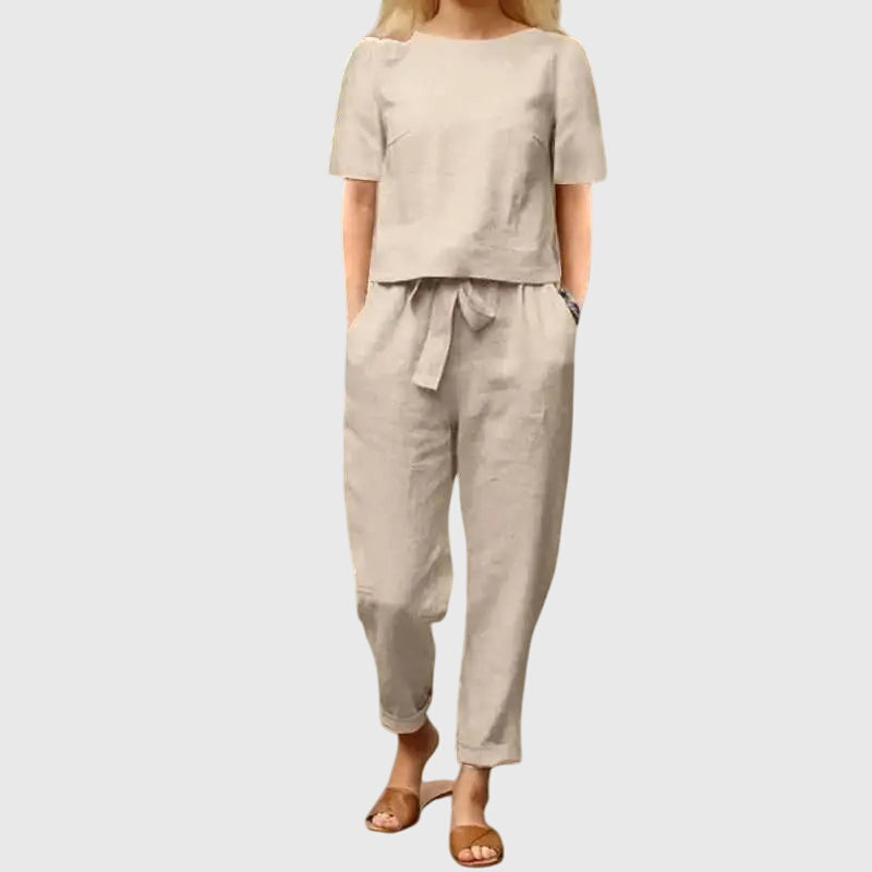 Short Sleeve Crop Top Belted Trouser Linen Two Piece Set