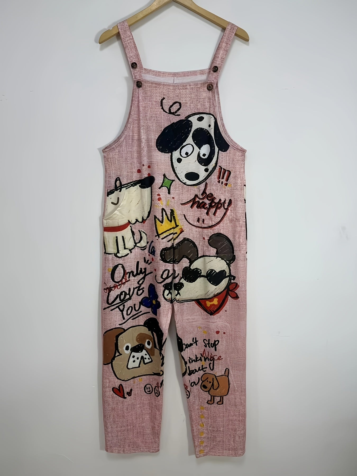 Cartoon Dog Graphic Print Adjustable Strap Pocket Casual Jumpsuit