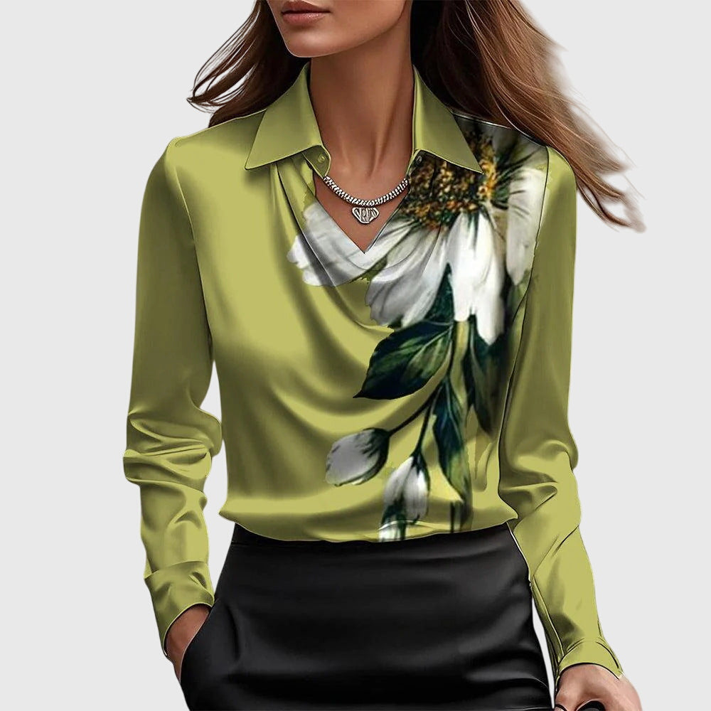 Satin Cowl Neck Collar Long Sleeve Elegant Blouse