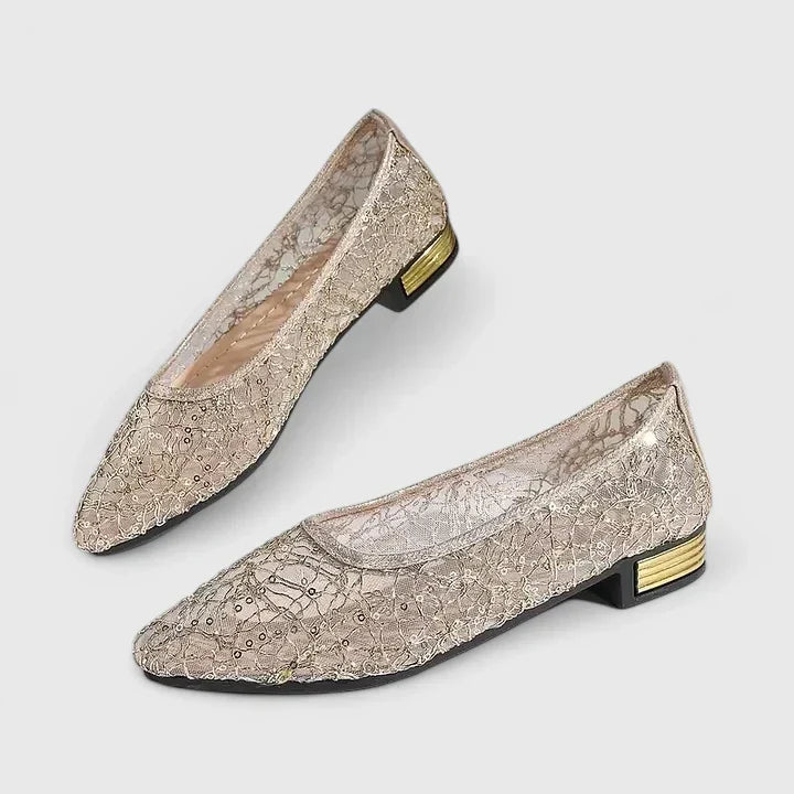 Sequin Lace Mesh Pointed Toe Gold Heel Flat