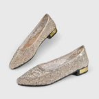 Sequin Lace Mesh Pointed Toe Gold Heel Flat