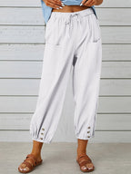 Button Cuff Patch Pocket Drawstring Capri Linen Pant