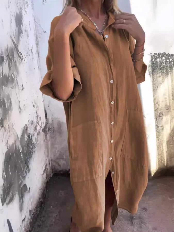 Linen Oversized Button Down Pocket Casual Shirt Dress