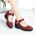 Velcro Strap Embossed Leather Wedge Mary Jane Shoe