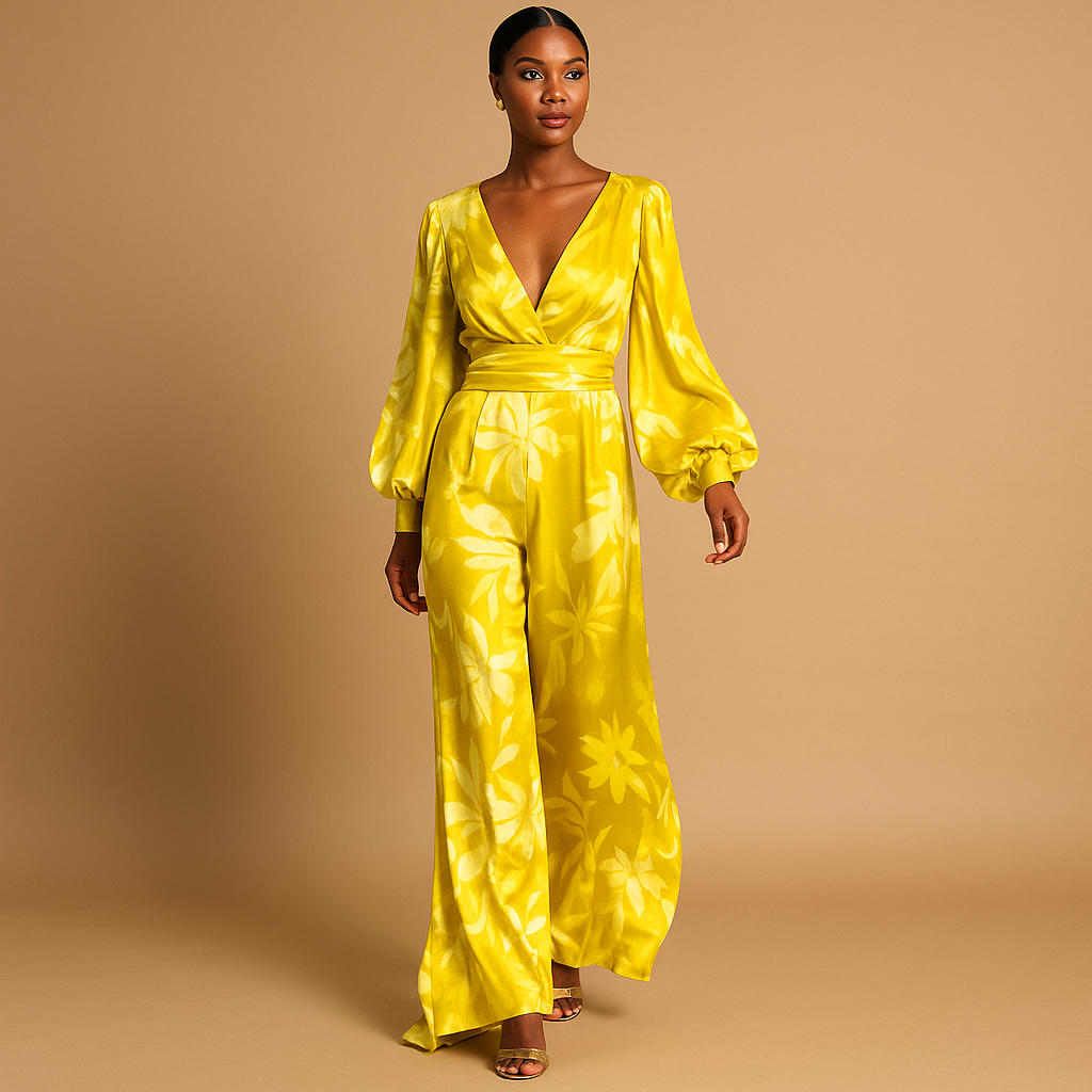 Floral Satin Balloon Sleeve Wrap V-Neck Maxi Dress - Wedding Guest