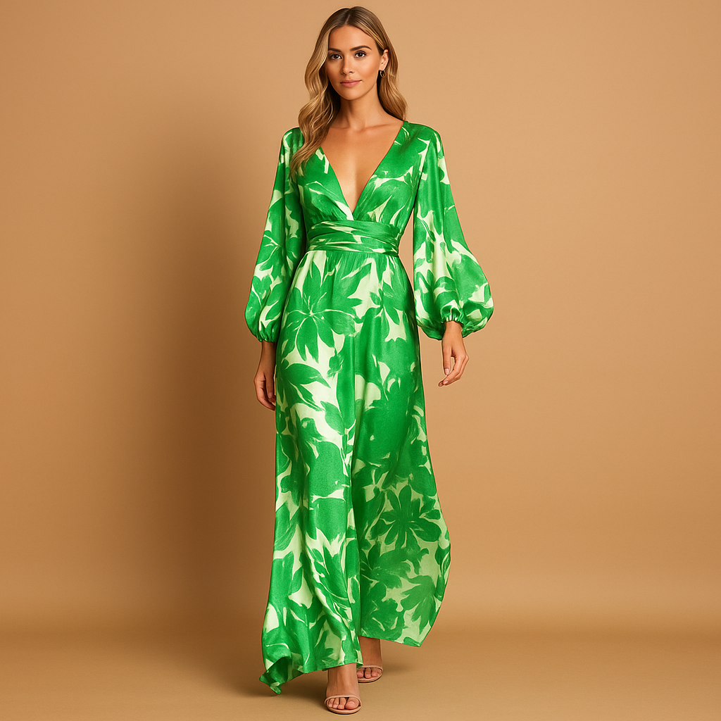 Floral Satin Balloon Sleeve Wrap V-Neck Maxi Dress - Wedding Guest