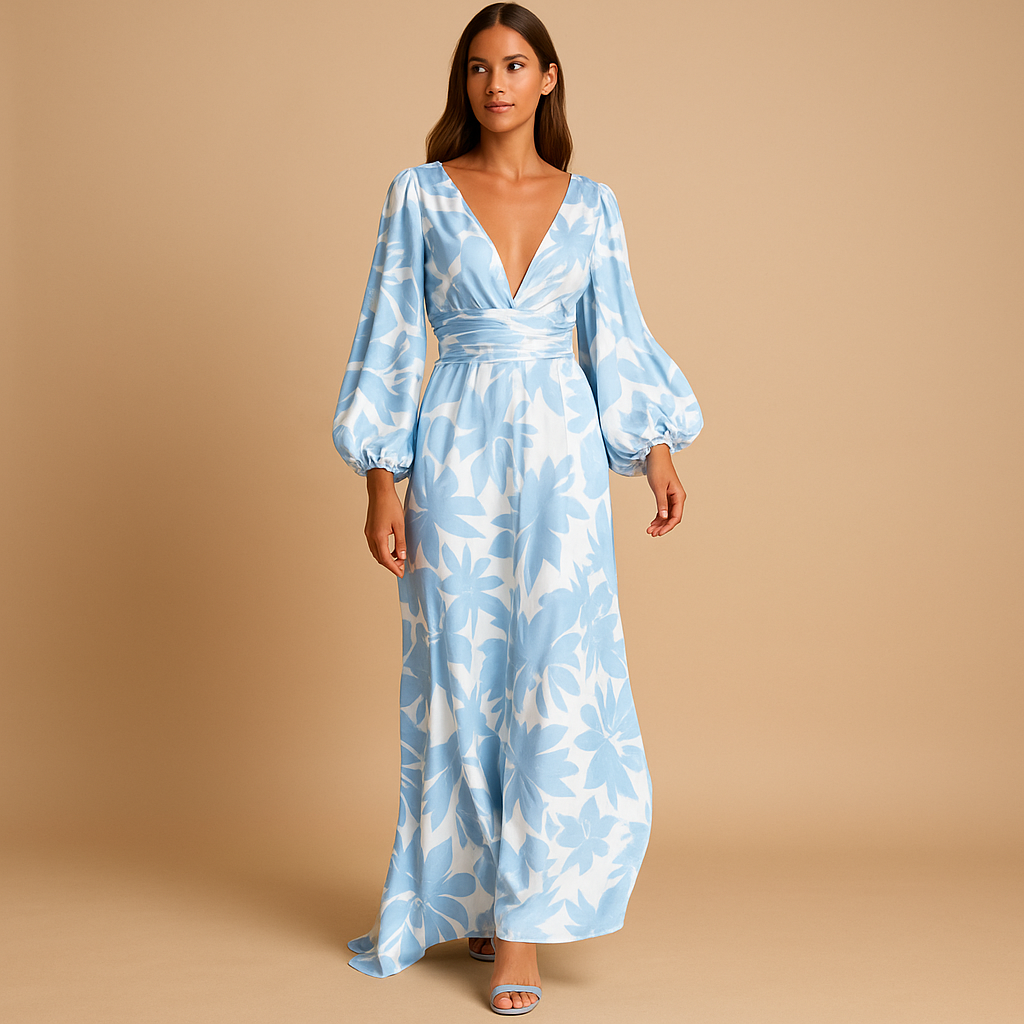 Floral Satin Balloon Sleeve Wrap V-Neck Maxi Dress - Wedding Guest