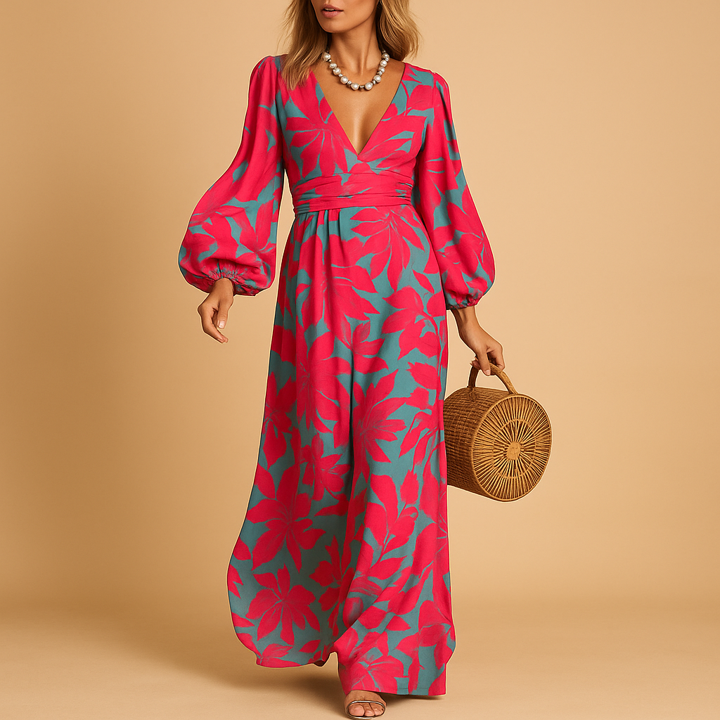 Floral Satin Balloon Sleeve Wrap V-Neck Maxi Dress - Wedding Guest