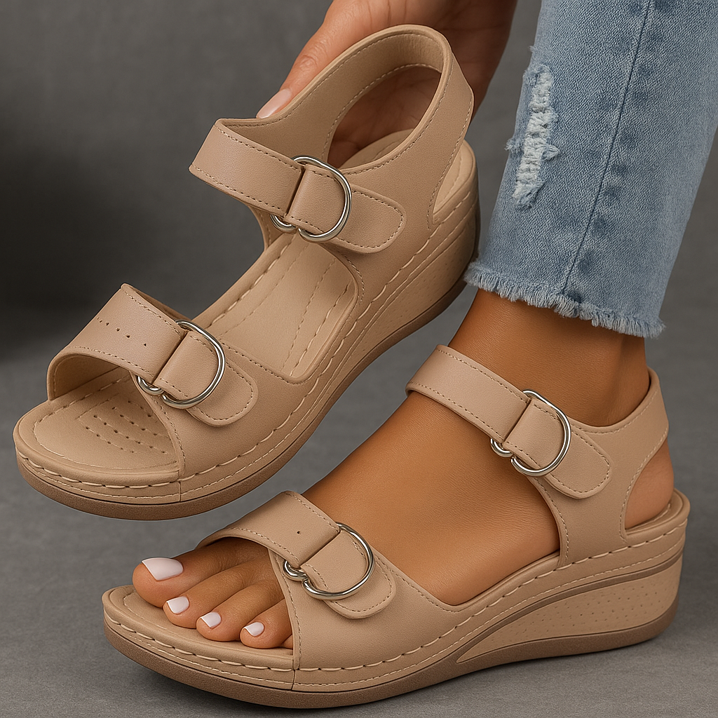 Adjustable Hook Loop Strap Cushioned Casual Wedge Sandals