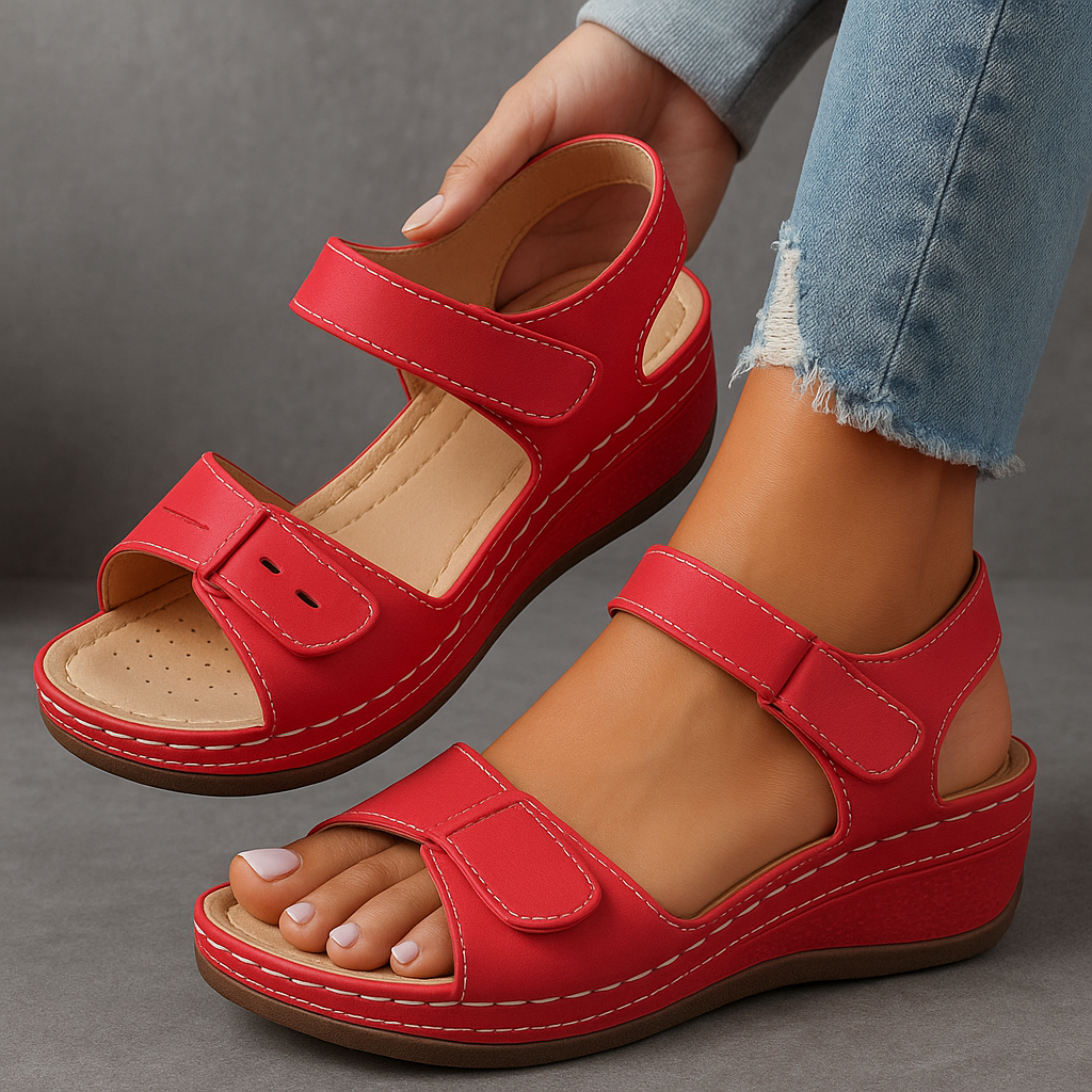 Adjustable Hook Loop Strap Cushioned Casual Wedge Sandals