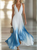 Tie Strap Ombre Pleated Deep V-Neck Chiffon Maxi Dress - Formal Evening Gown
