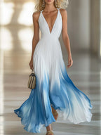 Tie Strap Ombre Pleated Deep V-Neck Chiffon Maxi Dress - Formal Evening Gown