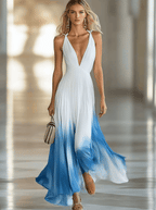 Tie Strap Ombre Pleated Deep V-Neck Chiffon Maxi Dress - Formal Evening Gown
