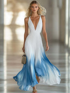 Tie Strap Ombre Pleated Deep V-Neck Chiffon Maxi Dress - Formal Evening Gown