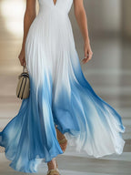 Tie Strap Ombre Pleated Deep V-Neck Chiffon Maxi Dress - Formal Evening Gown