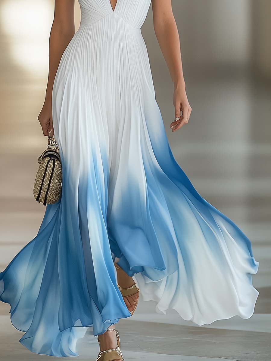 Tie Strap Ombre Pleated Deep V-Neck Chiffon Maxi Dress - Formal Evening Gown