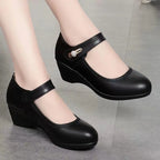 Velcro Strap Embossed Leather Wedge Mary Jane Shoe