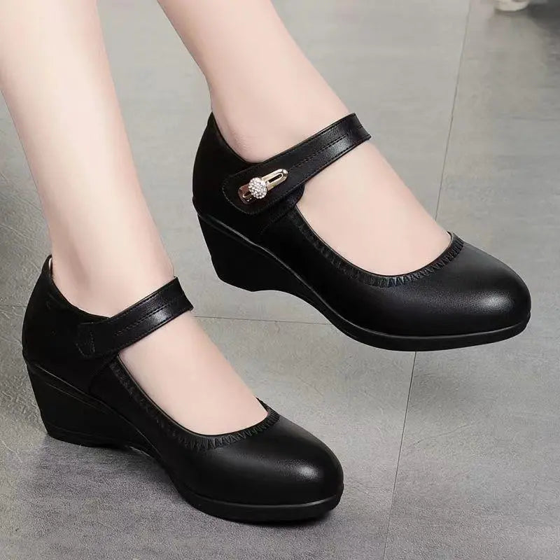 Velcro Strap Embossed Leather Wedge Mary Jane Shoe