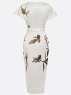 Botanical Print Flutter Sleeve Deep V Bow Tie Wrap Midi Dress
