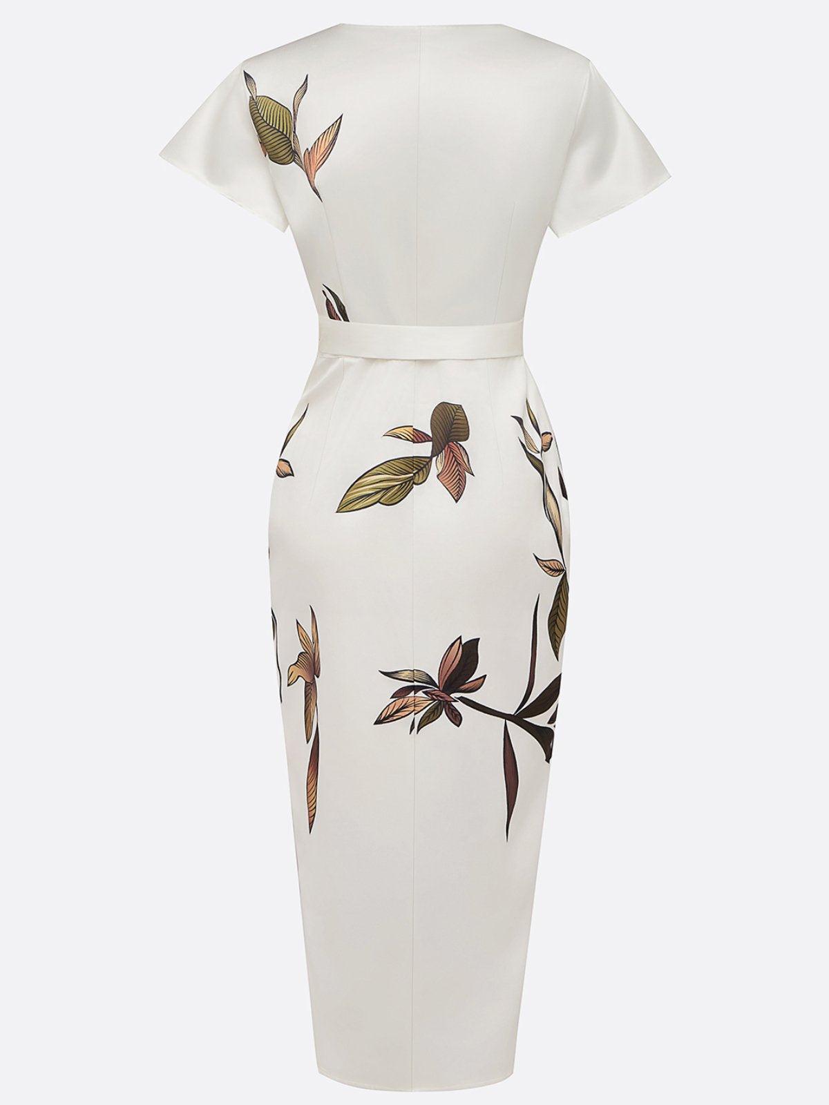 Botanical Print Flutter Sleeve Deep V Bow Tie Wrap Midi Dress