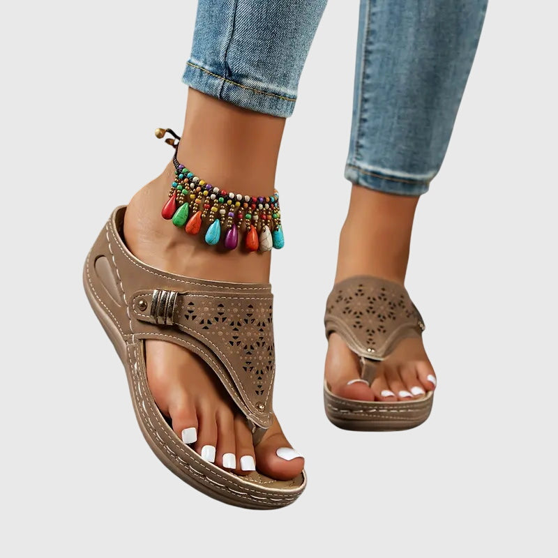 Laser Cut Toe Loop Metal Trim Wedge Sandal