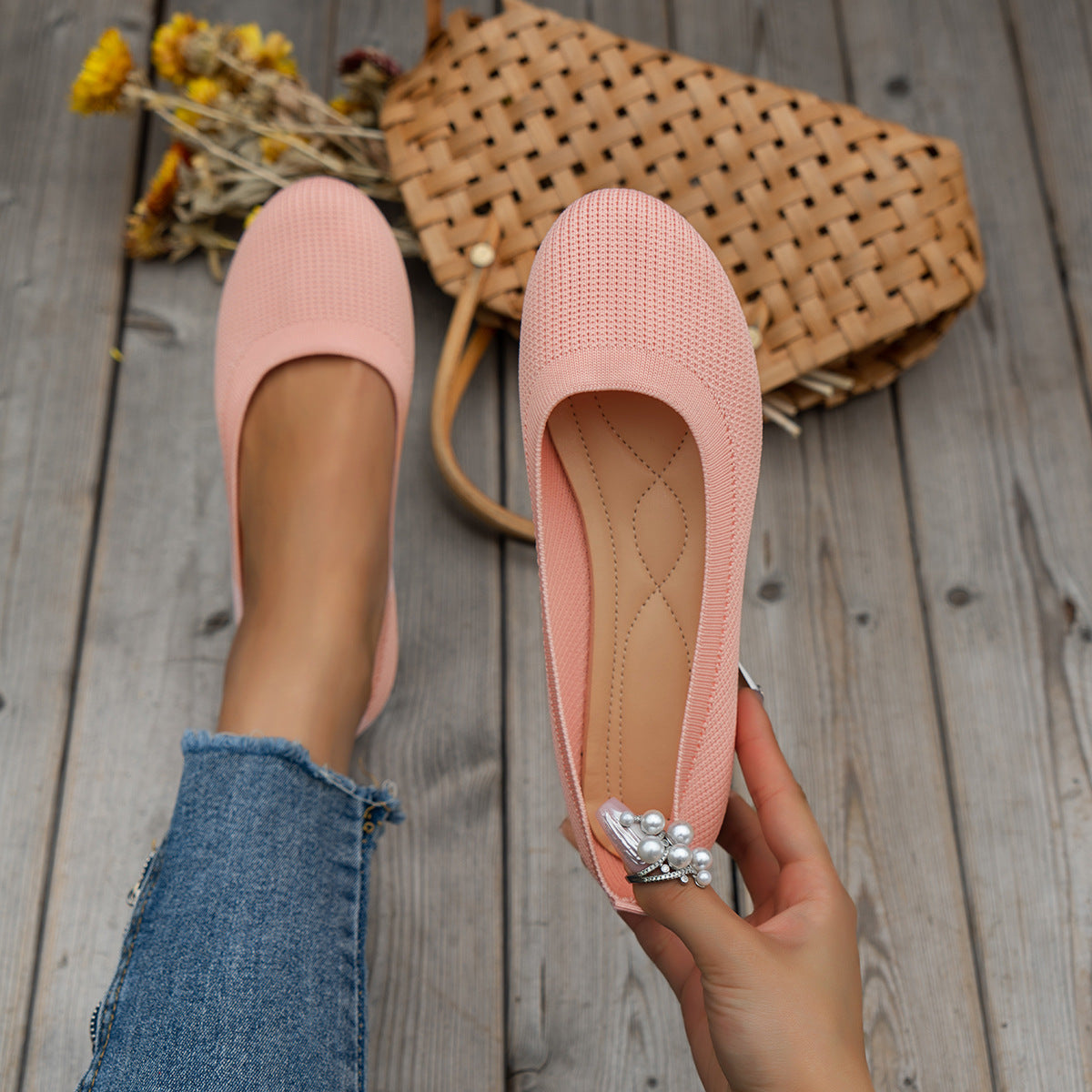 Ribbed Knit Slip On Cushioned Insole Round Toe Ballet Flat