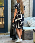 Geometric Scale Print Collared Short Sleeve Casual Shirt Dress