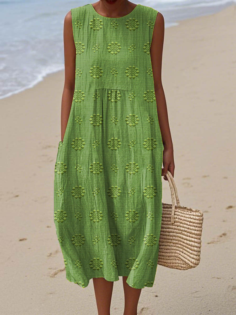 Embroidered Dot Sleeveless Smock Casual Midi Dress