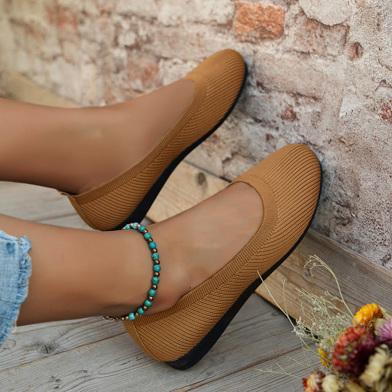 Ribbed Knit Slip On Cushioned Insole Round Toe Ballet Flat