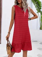 Textured Stripe Crew Neck Ruffle Hem Sleeveless Casual Sundress